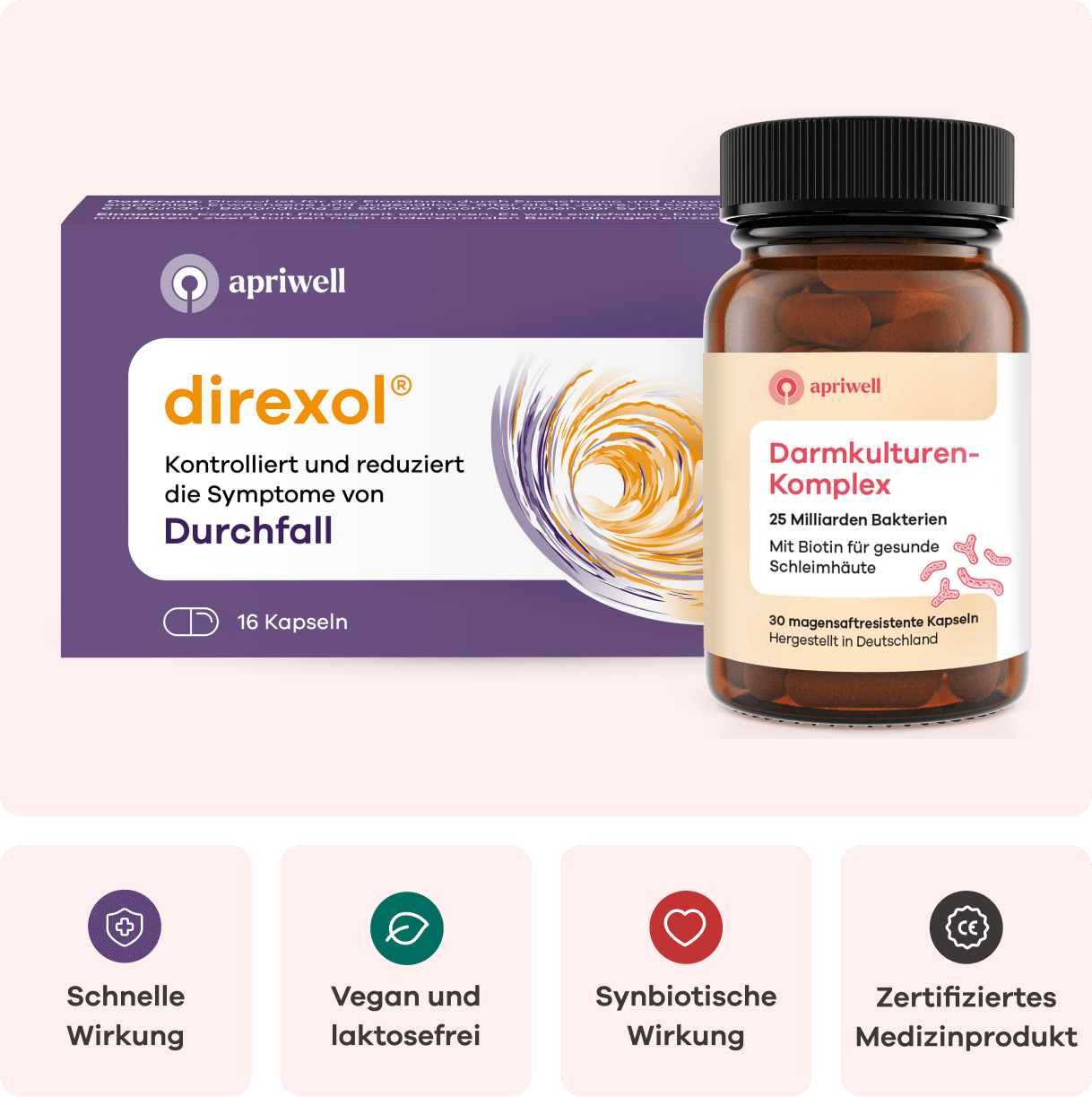 Eine Packung apriwell Direxol zur Kontrolle und Reduktion von Durchfallsymptomen mit 16 Kapseln. Daneben eine Flasche apriwell Darmkulturen-Komplex, ein Synbiotikum mit 25 Milliarden Bakterien und Biotin für gesunde Schleimhäute, in 30 magensaftresistenten Kapseln, hergestellt in Deutschland. Die Produkte zeichnen sich durch schnelle Wirkung, vegane und laktosefreie Rezeptur, synbiotische Wirkung und Zertifizierung als Medizinprodukt aus.