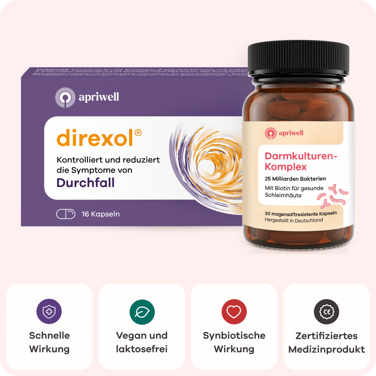 Eine Packung Direxol zur Kontrolle und Reduzierung der Symptome von Durchfall mit 16 Kapseln und eine Flasche Darmkulturen-Komplex. Der Komplex enthält 25 Milliarden Bakterien mit Biotin für gesunde Schleimhäute, 30 magensaftresistente Kapseln, hergestellt in Deutschland. Die Produkte bieten schnelle Wirkung, sind vegan und laktosefrei, haben eine synbiotische Wirkung und sind zertifizierte Medizinprodukte.