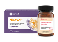 Eine violette Packung Direxol mit der Aufschrift Kontrolliert und reduziert die Symptome von Durchfall, 16 Kapseln. Daneben eine braune Flasche Darmkulturen-Komplex mit dem Text 25 Milliarden Bakterien, Mit Biotin für gesunde Schleimhäute, 30 magensaftresistente Kapseln, Hergestellt in Deutschland.