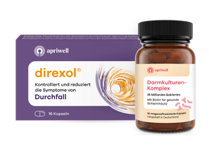 Eine violette Packung Direxol mit der Aufschrift Kontrolliert und reduziert die Symptome von Durchfall, 16 Kapseln. Daneben eine braune Flasche Darmkulturen-Komplex mit dem Text 25 Milliarden Bakterien, Mit Biotin für gesunde Schleimhäute, 30 magensaftresistente Kapseln, Hergestellt in Deutschland.