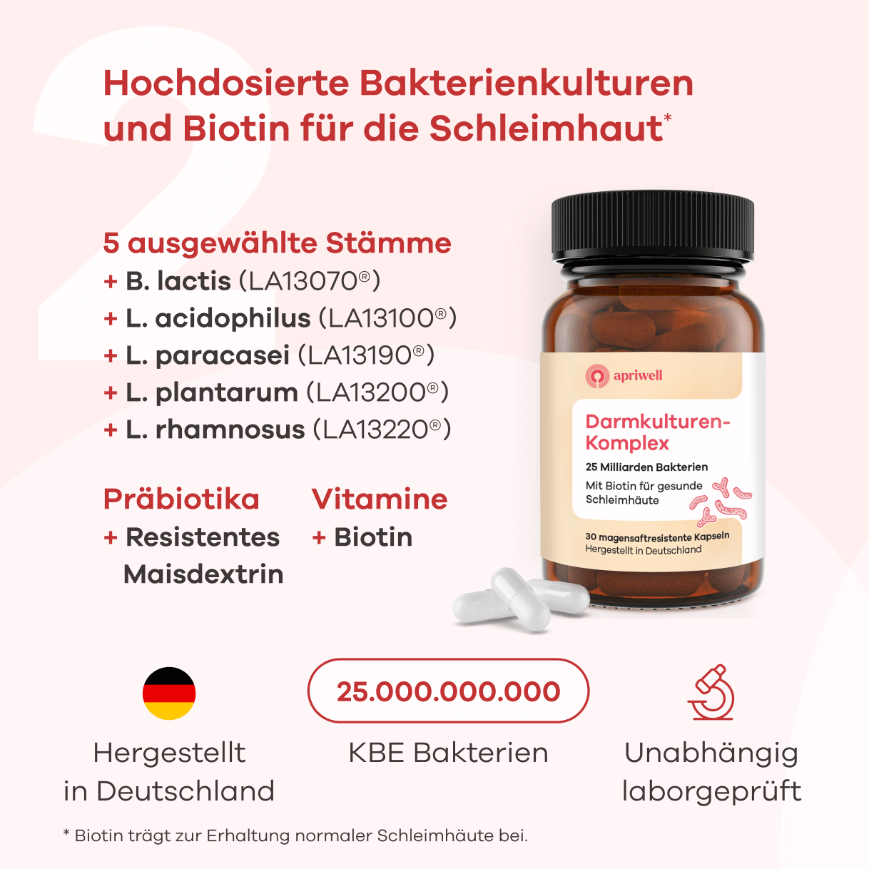 Infografik: Produkt Darmkulturen-Komplex von apriwell. Eine braune Flasche mit weißen Kapseln. Text: Hochdosierte Bakterienkulturen und Biotin für die Schleimhaut (Quelle siehe Anmerkung). 25 Milliarden Bakterien, 30 magensaftresistente Kapseln. Enthält 5 Stämme wie B. lactis, L. acidophilus, L. paracasei, L. plantarum, L. rhamnosus, Präbiotika, resistentes Maisdextrin, Vitamine und Biotin. Hergestellt in Deutschland, unabhängig laborgeprüft. Anmerkung: Biotin trägt zur Erhaltung normaler Sch...