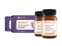 Produktbild – Drei Produktpackungen: zwei lilafarbene Packungen Direxol, das Durchfallsymptome kontrolliert und reduziert, mit jeweils 16 Kapseln. Davor zwei braune Flaschen Darmkulturen-Komplex, ein Synbiotikum mit 25 Milliarden Bakterien und Biotin für die Darmschleimhaut, mit jeweils 30 magensaftresistenten Kapseln.