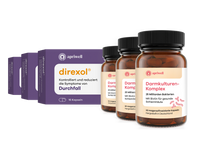 Produktbild – Drei lilafarbene Packungen Direxol, die die Symptome von Durchfall kontrollieren und reduzieren, mit jeweils 16 Kapseln. Daneben drei braune Flaschen Darmkulturen-Komplex mit 25 Milliarden Bakterien und Biotin für gesunde Schleimhaut, jeweils 30 magensaftresistente Kapseln, hergestellt in Deutschland.