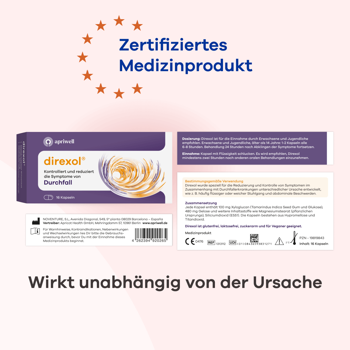 Eine Packung Direxol, ein zertifiziertes Medizinprodukt, kontrolliert und reduziert Symptome von Durchfall. Die Packung zeigt den Inhalt "16 Kapseln" und ein Wirbelmuster in Orange. Anwendung: 1-2 Kapseln alle 6-8 Stunden für Erwachsene und Jugendliche ab 14 Jahren. Direxol hilft bei Durchfallerkrankungen unterschiedlicher Ursache, ist glutenfrei, laktosefrei, zuckerarm und vegan. Enthält Xyloglucan, Gelose und weitere Inhaltsstoffe. Gebrauchsanweisung für Warnhinweise beachten. Der Text am u...