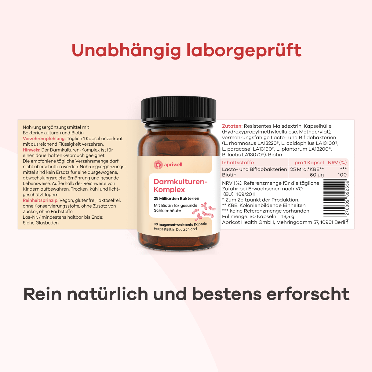 Produktbild des apriwell Darmkulturen-Komplex in einer braunen Flasche. Das Nahrungsergänzungsmittel mit 25 Milliarden Bakterien und Biotin für gesunde Schleimhäute ist unabhängig laborgeprüft, rein natürlich und bestens erforscht. Es enthält 30 magensaftresistente Kapseln und ist vegan, glutenfrei, laktosefrei, ohne Konservierungsstoffe, Zucker oder Farbstoffe.