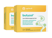 Produktbild
Zwei Packungen Butyzol. Butyzol ist zum Diätmanagement bei chronisch-entzündlichen Darmerkrankungen, Reizdarmsyndrom und Divertikelkrankheit. Eine Packung enthält 60 Kapseln Mikroverkapseltes Natriumbutyrat.