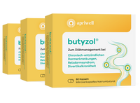 Produktbild. Drei Packungen Butyzol. Die vordere Packung zeigt das Logo von Apriwell, den Produktnamen Butyzol, den Text "Zum Diätmanagement bei Chronisch-entzündlichen Darmerkrankungen, Reizdarmsyndrom, Divertikelkrankheit" und "60 Kapseln Mikroverkapseltes Natriumbutyrat". Daneben sind stilisierte Darstellungen von Darmschlingen abgebildet.