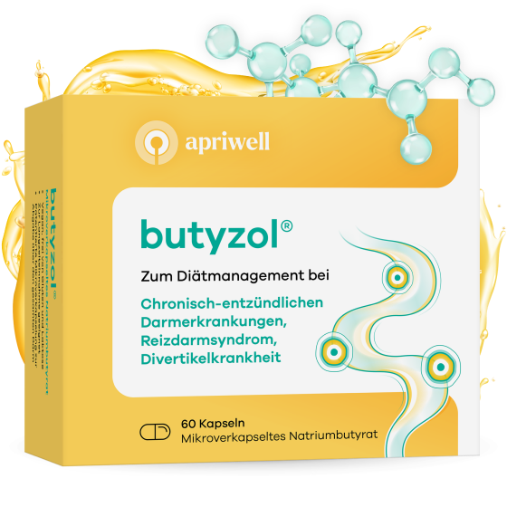 Produktbild – Eine Packung Butyzol mit der Aufschrift „butyzol® Zum Diätmanagement bei Chronisch-entzündlichen Darmerkrankungen, Reizdarmsyndrom, Divertikelkrankheit 60 Kapseln Mikroverkapseltes Natriumbutyrat“ und dem Markennamen „apriwell“.