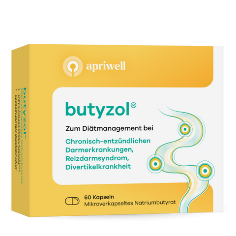 Produktbild – Butyzol zum Diätmanagement bei chronisch-entzündlichen Darmerkrankungen, Reizdarmsyndrom, Divertikelkrankheit. 60 Kapseln, Mikroverkapseltes Natriumbutyrat.