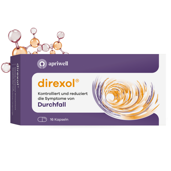 Eine violette Produktpackung von apriwell direxol mit einer orange-weißen Spirale. Auf der Packung steht: Kontrolliert und reduziert die Symptome von Durchfall, 16 Kapseln. Seitlich ist der Text „direxol klinisch erwiesene Wirksamkeit, natürlich vorkommend“ lesbar.