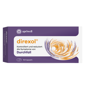 Produktpackung Direxol von apriwell. Auf der violetten Packung steht Direxol, kontrolliert und reduziert die Symptome von Durchfall. Eine Kapsel-Ikone zeigt 16 Kapseln. An der Seite sind die Merkmale klinisch erwiesene Wirksamkeit, Inhaltsstoffe natürlichen Ursprungs und made in Germany lesbar.