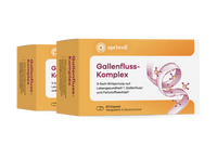 Produktbild – zwei Packungen des Produkts "Gallenfluss-Komplex" mit der Aufschrift "apriwell". Der Text auf den Packungen nennt "Gallenfluss-Komplex" und beschreibt das "3-fach Wirkprinzip auf Lebergesundheit, Gallenfluss und Fettstoffwechsel". Darunter stehen "60 Kapseln" und "Hergestellt in Deutschland". Eine schematische Darstellung von Molekülen ist abgebildet.