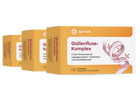 Produktbild. Eine Packung Gallenfluss-Komplex mit drei weiteren im Hintergrund. Auf der Vorderseite steht: "apriwell Gallenfluss-Komplex 3-fach Wirkprinzip auf Lebergesundheit, Gallenfluss und Fettstoffwechsel 60 Kapseln Hergestellt in Deutschland". Es ist eine Illustration einer sich windenden lila Linie mit kleinen gelben Kugeln zu sehen.