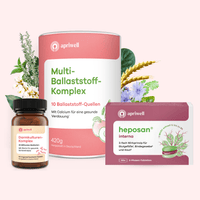 Produktbild Drei apriwell Produkte: eine Dose Multi-Ballaststoff-Komplex, 10 Ballaststoff-Quellen, Mit Calcium für gesunde Verdauung (siehe Quelle 1), 420g; eine Flasche Darmkulturen-Komplex, 25 Milliarden Bakterien, Mit Biotin für gesunde Darmschleimhäute, 30 magensaftresistente Kapseln; und eine Packung heposan® interna, Wirkt schnell und bis zu 8h, 3-fach Wirkprinzip für Blutgefäße (siehe Quelle 1), Bindegewebe (siehe Quelle 2) und Haut (siehe Quelle 3), 30x 3-Phasen-Tabletten. Alle Produk...