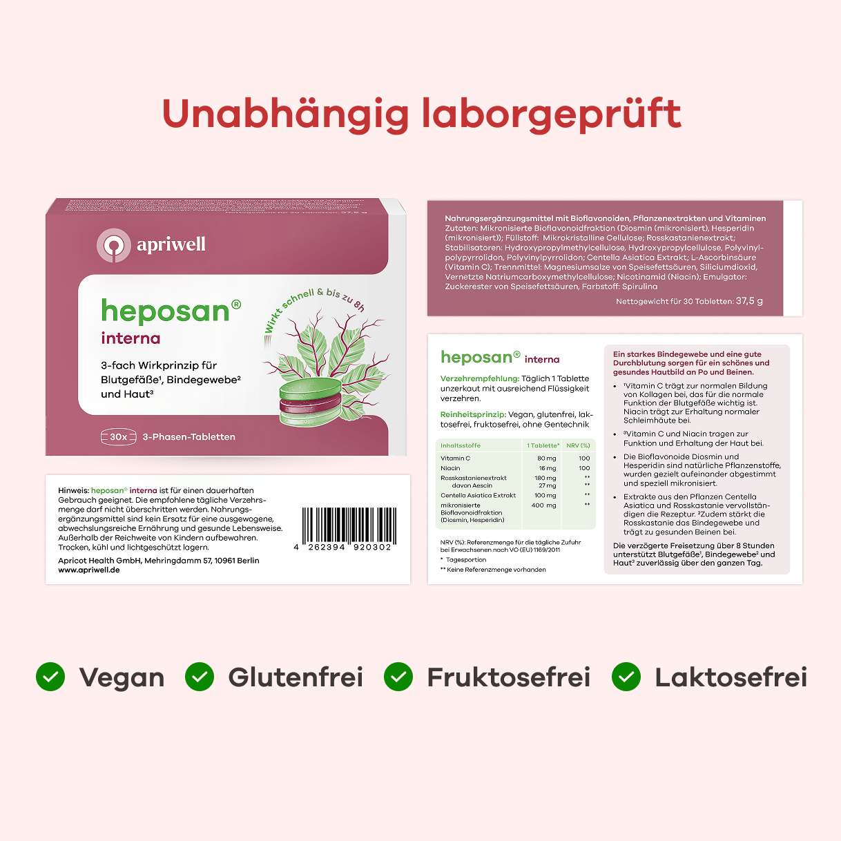 Infografik: Produktpackung apriwell heposan interna, "Unabhängig laborgeprüft". Das Nahrungsergänzungsmittel hat ein 3-fach Wirkprinzip für Blutgefäße (siehe Quelle 1), Bindegewebe (siehe Quelle 2) und Haut (siehe Quelle 3). Die 30 3-Phasen-Tabletten wirken schnell und bis zu 8 Stunden. Mit Vitamin C, Niacin und Pflanzenextrakten fördert es Kollagenbildung, Blutgefäße und Haut. Es ist vegan, glutenfrei, fruktosefrei und laktosefrei. Die verzögerte Freisetzung sichert eine ganztägige Wirkung.