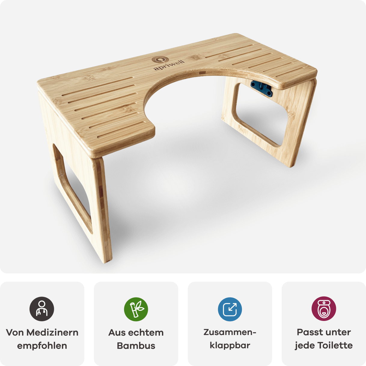 Ein Toilettenhocker aus hellem Bambusholz mit U-förmigem Ausschnitt und apriwell-Logo. Er ist zusammenklappbar und wird von Medizinern empfohlen. Der Hocker ist aus echtem Bambus und passt unter jede Toilette.