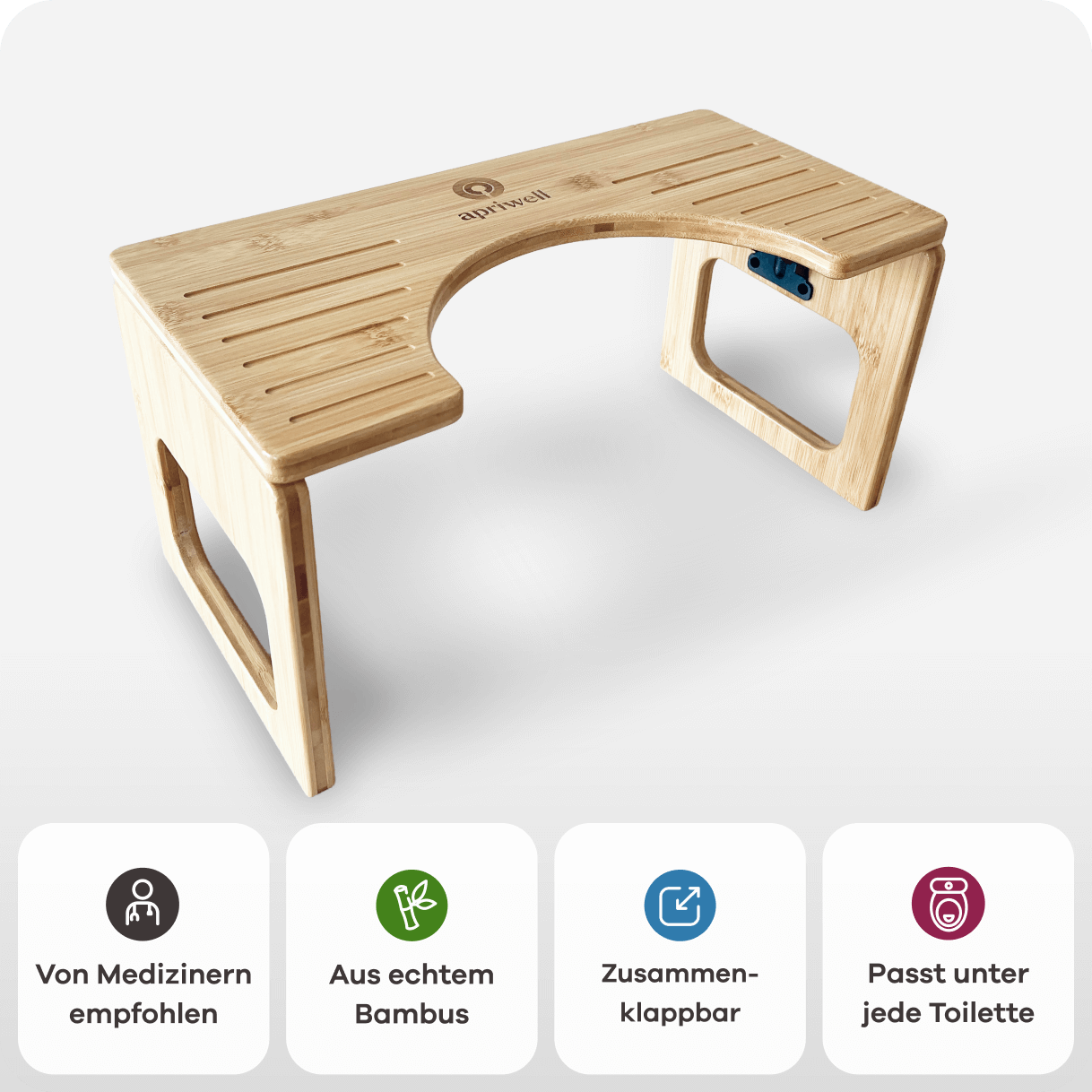 Infografik: Ein hölzerner Toilettenhocker der Marke apriwell. Dieser ist von Medizinern empfohlen, aus echtem Bambus, zusammenklappbar und passt unter jede Toilette.