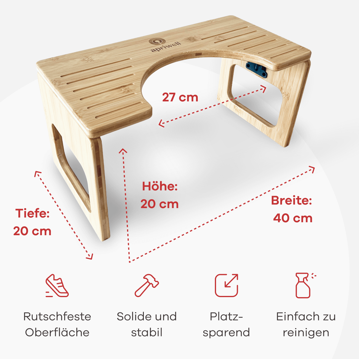 Infografik eines hölzernen Toilettenhockers von apriwell mit Maßen: Tiefe 20 cm, Höhe 20 cm, Breite 40 cm. Der Hocker hat eine rutschfeste Oberfläche, ist solide und stabil, platzsparend und einfach zu reinigen.