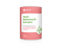 Produktbild. Dose mit der Aufschrift "apriwell Multi-Ballaststoff-Komplex", "Nahrungsergänzungsmittel", "Aus 10 Ballaststoff-Quellen und mit Calcium für eine gesunde Verdauung (siehe Quelle a)", "420g", "Hergestellt in Deutschland". Daneben sind stilisierte Äpfel und Haferähren abgebildet.