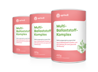 Produktbild – Drei Dosen des Produkts "Multi-Ballaststoff-Komplex". Auf den Etiketten steht "apriwell" oben, darunter "Multi-Ballaststoff-Komplex", "Nahrungsergänzungsmittel Aus 10 Ballaststoff-Quellen und mit Calcium für eine gesunde Verdauung" und "420g Hergestellt in Deutschland". Auf der rechten Dose ist eine stilisierte Darstellung von Äpfeln und Hafer abgebildet.