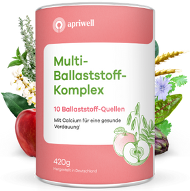 Produktbild. Eine Dose „Multi-Ballaststoff-Komplex“ von apriwell mit 10 Ballaststoff-Quellen, mit Calcium für eine gesunde Verdauung, 420g, hergestellt in Deutschland. Umgeben von verschiedenen Pflanzen, Früchten und Getreideähren.