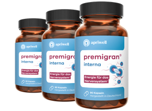 Produktbild von drei braunen Gläsern Premigran interna von apriwell zur wirksamen Vorbeugung von Migräne. Die Etiketten zeigen den Markennamen apriwell, die Produktbezeichnung premigran interna sowie die Aufschriften Energie für das Nervensystem (siehe Quelle 1), 90 Kapseln und Hergestellt in Deutschland.
