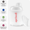Ein weißer und transparenter apriwell Mini-Shaker mit geöffnetem Deckel und einem daneben liegenden Mix-Sieb. Er ist aus lebensmittelsicherem Kunststoff, in der EU hergestellt, ohne Weichmacher DEHP und spülmaschinengeeignet.