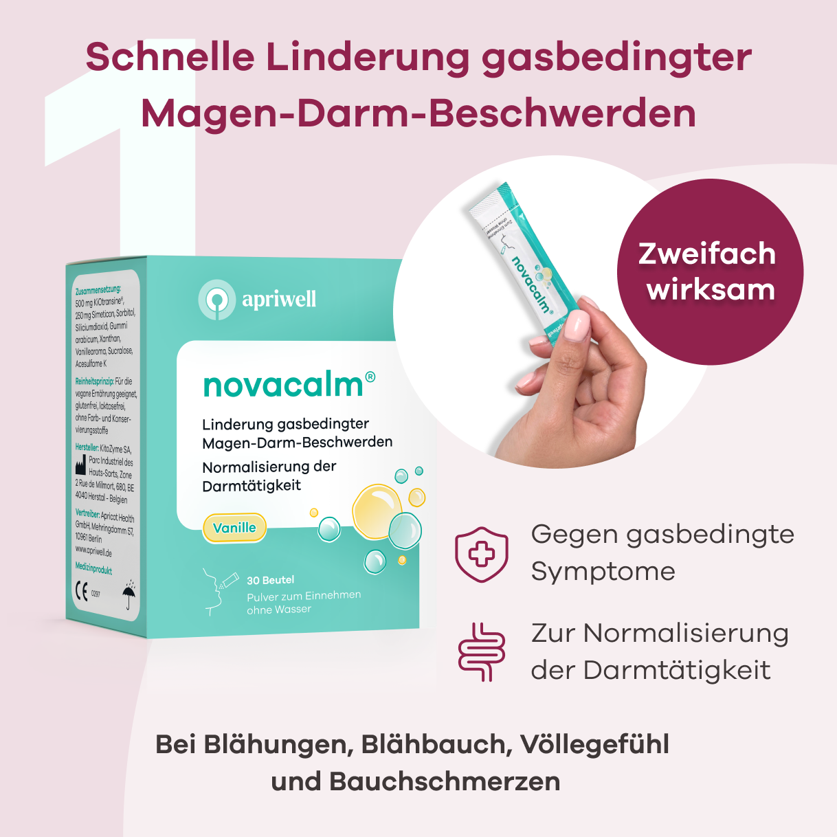 Infografik: Novacalm zur schnellen Linderung gasbedingter Magen-Darm-Beschwerden. Eine Packung Novacalm Vanille mit 30 Beuteln Pulver zum Einnehmen ohne Wasser ist zu sehen. Eine Hand hält einen Beutel. Das Medizinprodukt ist zweifach wirksam: gegen gasbedingte Symptome und zur Normalisierung der Darmtätigkeit. Es hilft bei Blähungen, Blähbauch, Völlegefühl und Bauchschmerzen.